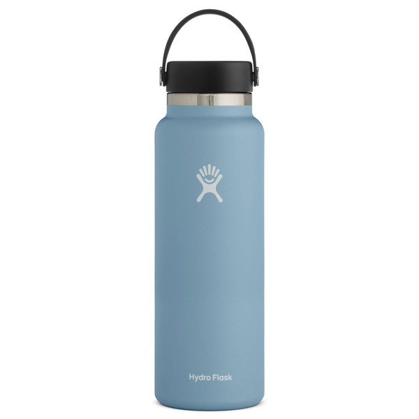 A light blue 40 ounce stainless steel Hydroflask wide mouth water bottle with handle strap.